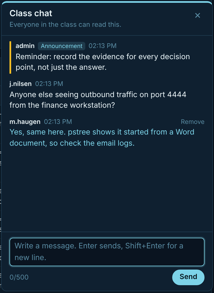 Nordvakt class chat used in teaching mode