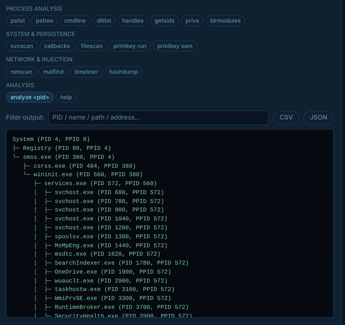 Nordvakt forensic console showing Volatility pstree output from a memory image