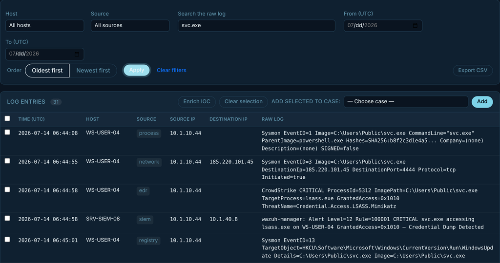 Nordvakt log viewer filtered to one binary, showing Sysmon, EDR and SIEM records